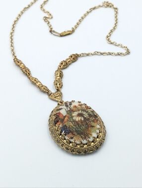 Vintage West Germany Sugar Flowers Necklace Pendant Filigree Gold Tone Fall